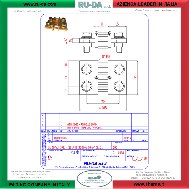 Derivatore di corrente Shunt 3000A 60mV DIN 43703 conforme alle normative REACH RoHS RU-DA ITALIA SHUNT RU-DA ITALY SHUNTS disegno
