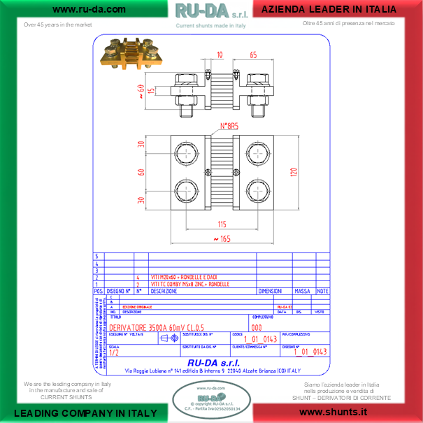 Derivatore di corrente Shunt 3500A 60mV DIN 43703 conforme alle normative REACH RoHS RU-DA ITALIA SHUNT RU-DA ITALY SHUNTS disegno